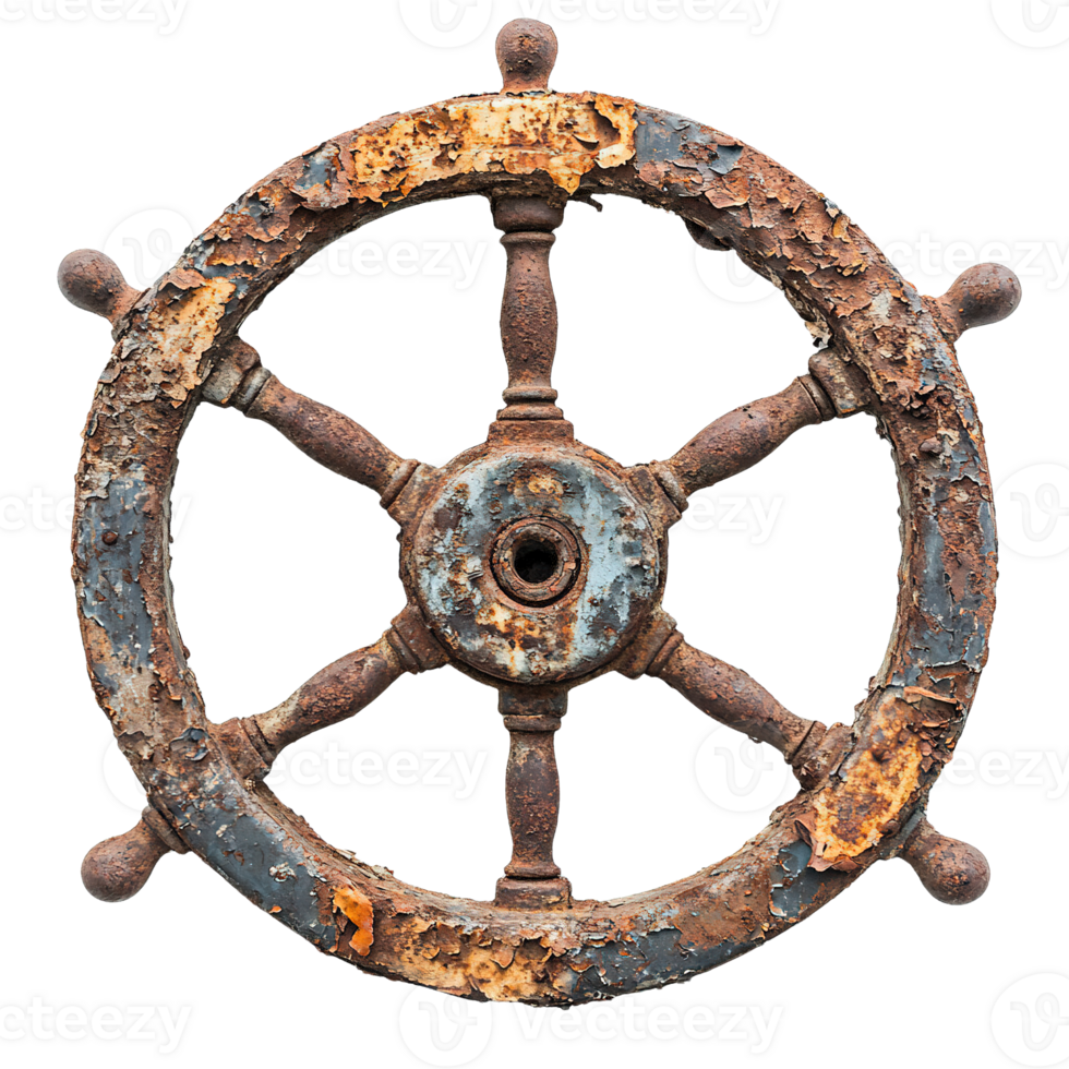 Old Rusty Maritime Steering Wheel with Aged Patina and Peeling Layers Isolated on Transparent Background png