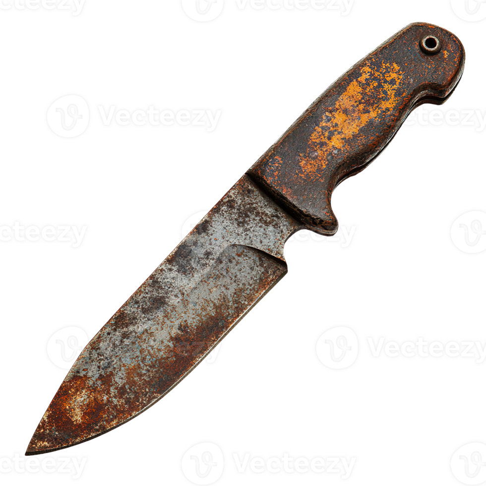 Antique Knife with Prominent Rust and Weather-Beaten Wooden Handle Isolated on Transparent Background png