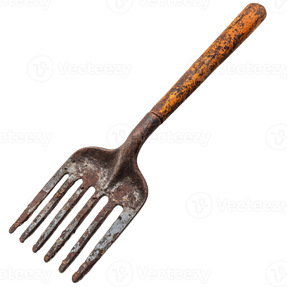Old Farm Rake with Corroded Prongs and Weather-Beaten Wooden Handle Isolated on Transparent Background png
