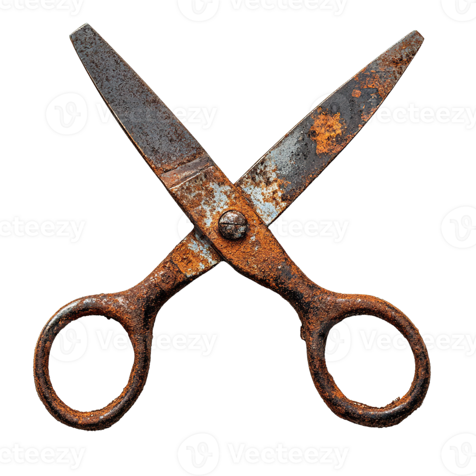 Close-Up of Aged Scissors with Extensive Rust and Corrosion on Transparent Background png