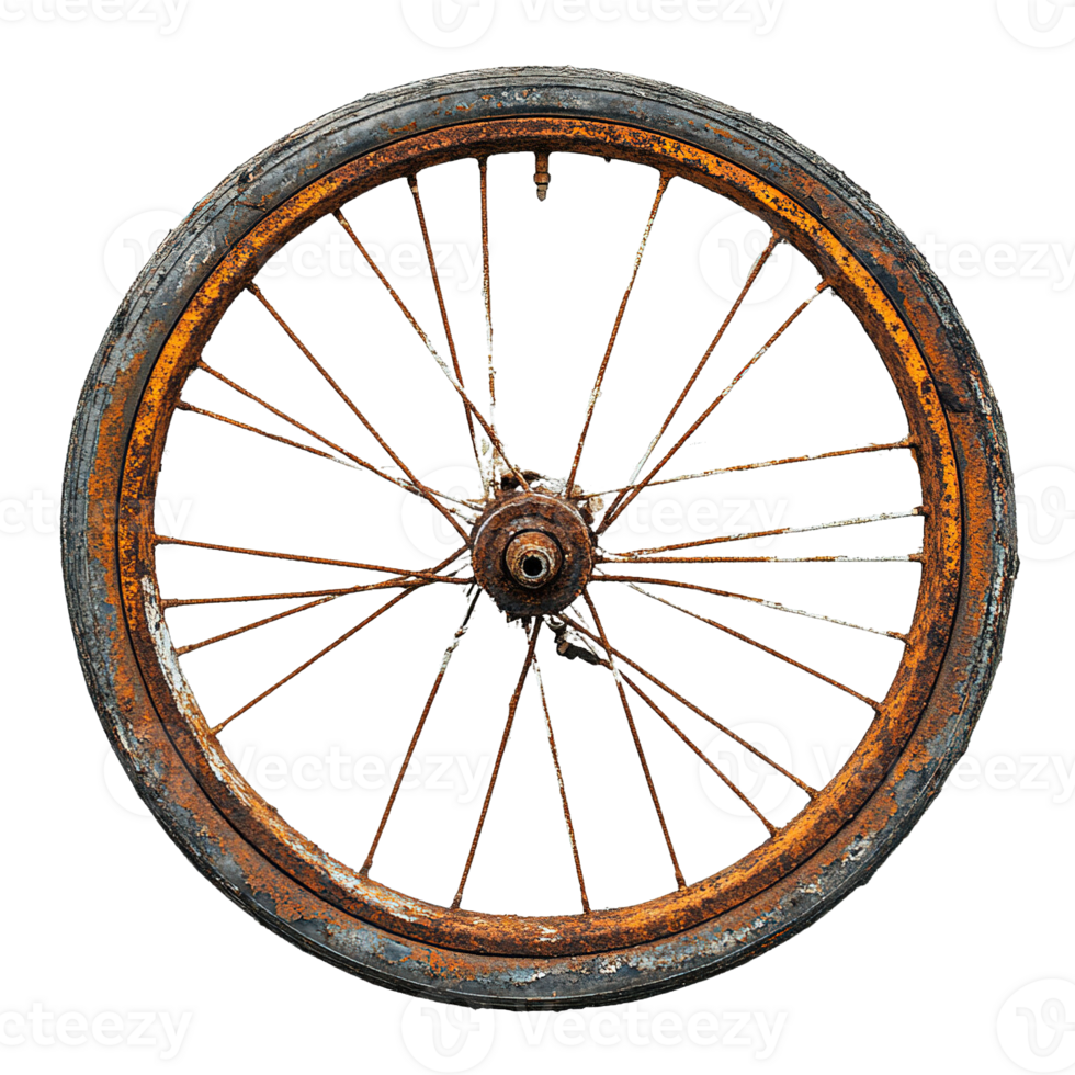 Heavily Rusted Bicycle Wheel with Worn Tire and Corroded Spokes Isolated on Transparent Background png