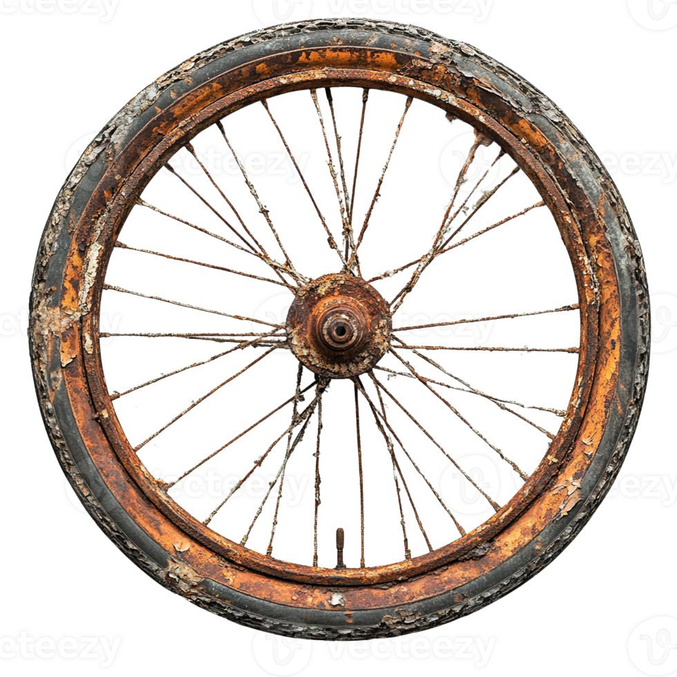 Vintage Bicycle Wheel Displaying Significant Rust and Decay Isolated on Transparent Background png