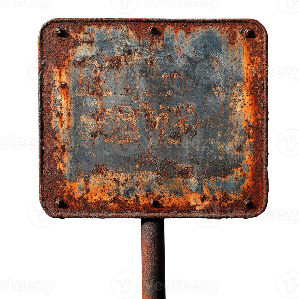 Close-Up of Aged and Decayed Metal Sign Showcasing Peeling Paint and Rust Textures Isolated on Transparent Background png