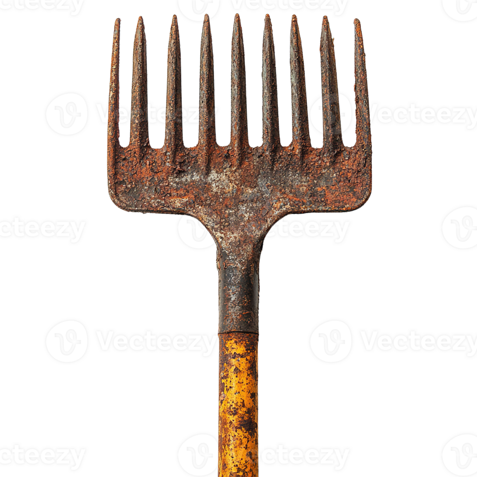 Rusted Pitchfork with Eroded Metal and Aged Handle Isolated on Transparent Background png