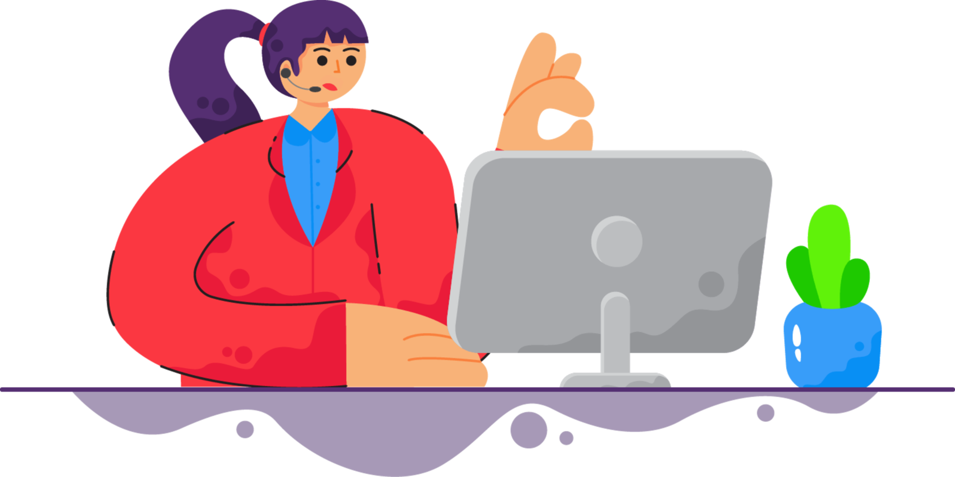 A woman is sitting at a computer and making a gesture png