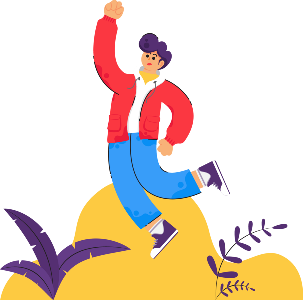 A man jumping on a hill with his hands up png