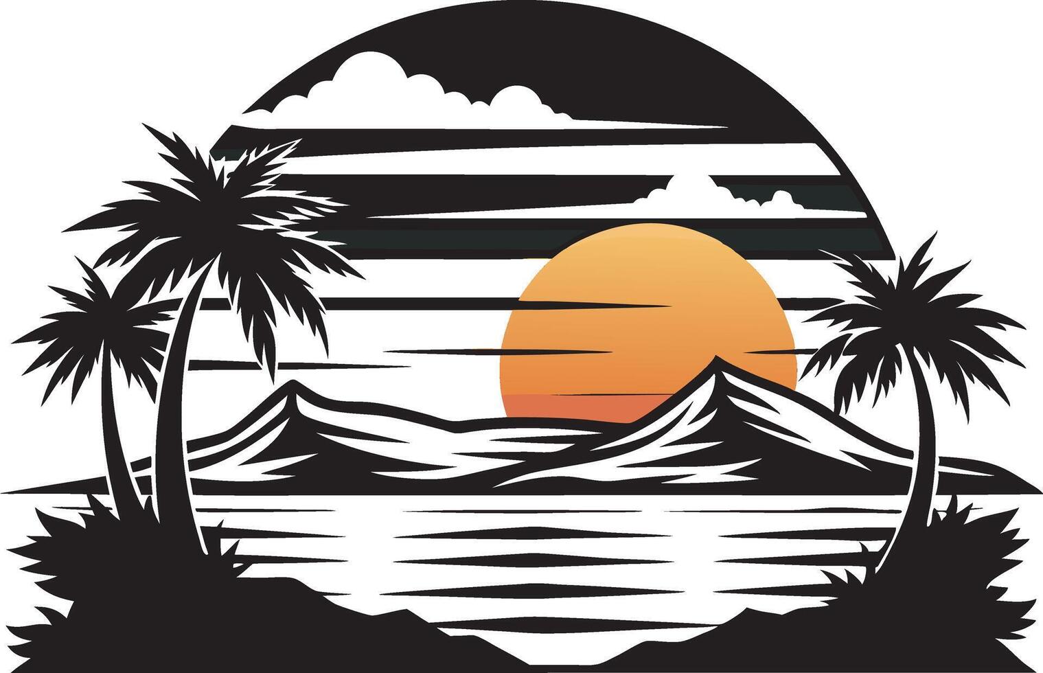 Sunset Over Calm Tropical Beach with Palm Trees vector