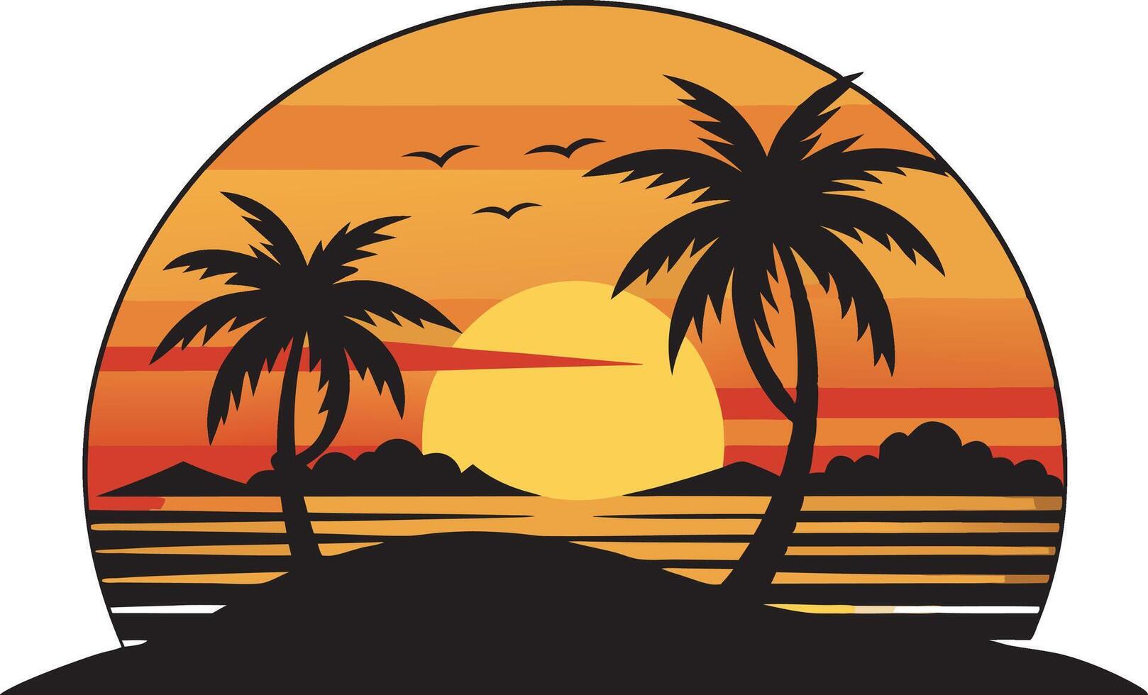 Tropical Beach Sunset Illustration with Swaying Palm Trees vector