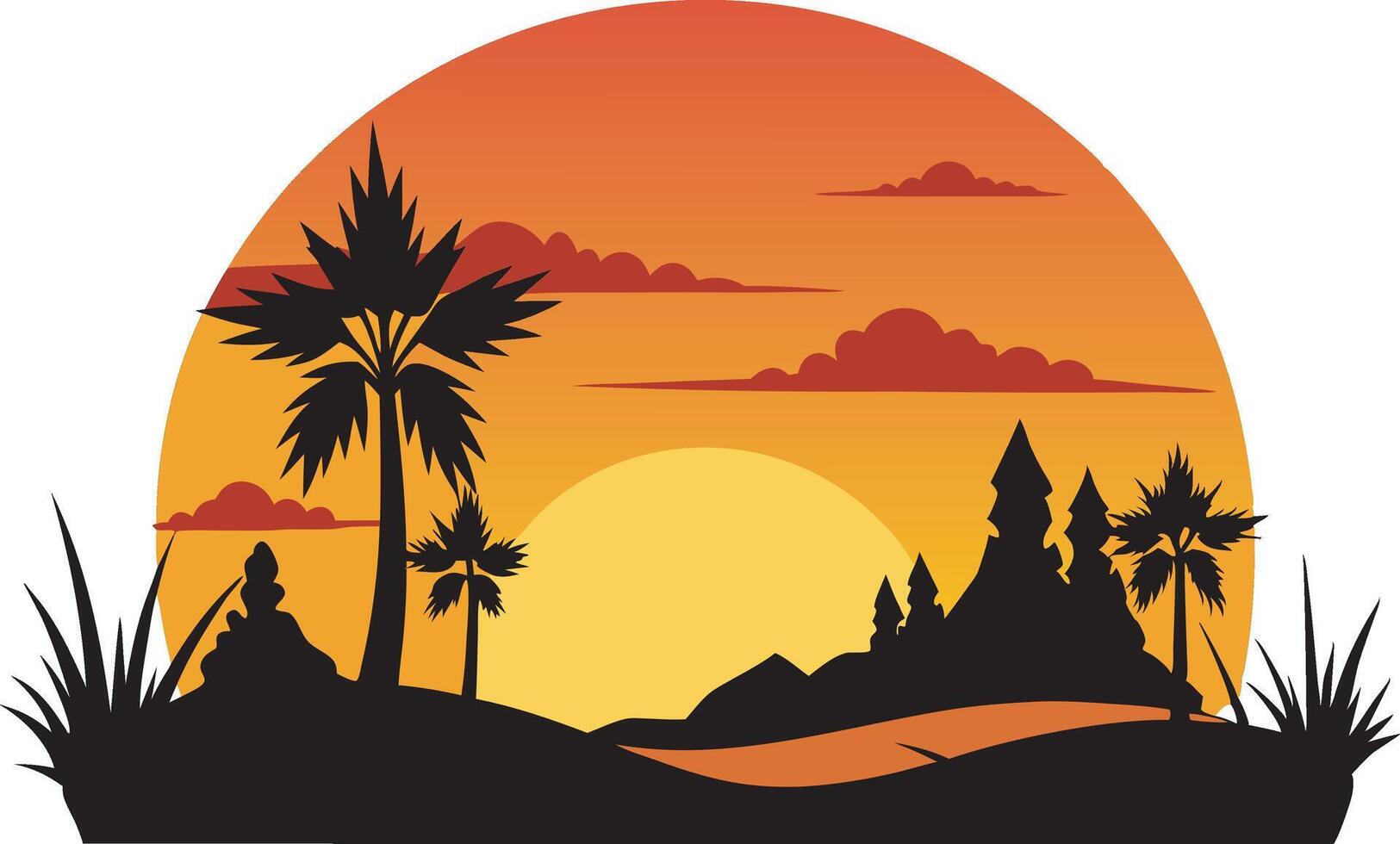 Calm Tropical Ocean Sunset Scene with Island Palms vector