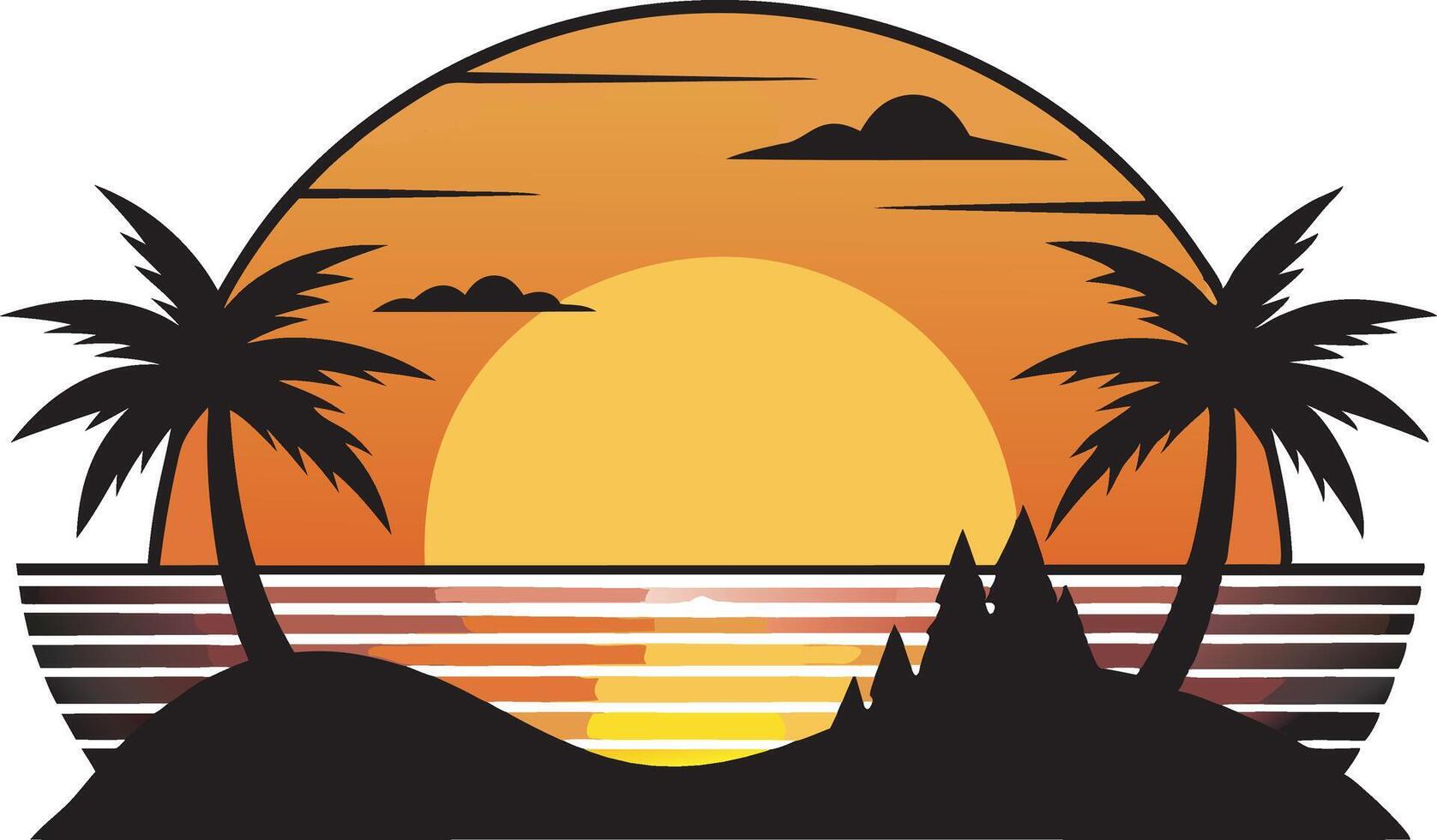 Sunset Scene with Palm Tree Silhouettes and Rolling Waves vector