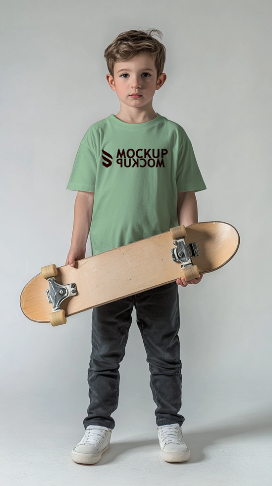 mockup of a child's t-shirt holding a skateboard, using a green shirt, the color and design can be changed psd