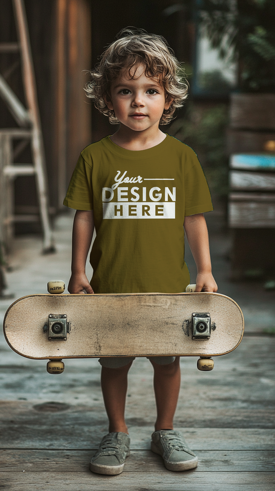 kids t-shirt mockup can be edited easily, cute long-haired kid carrying a skateboard psd