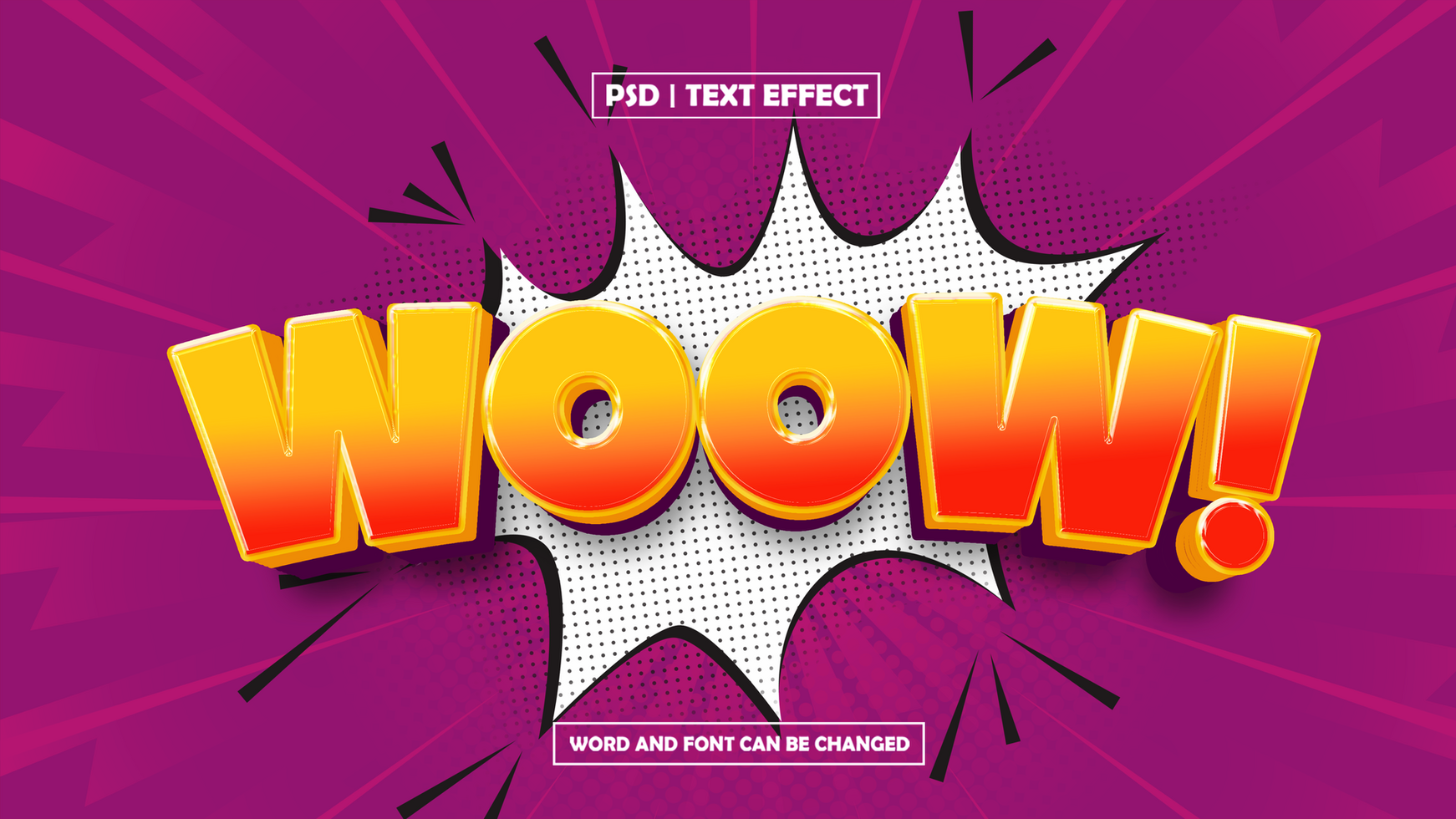Wow text effect, blast style on purple background psd