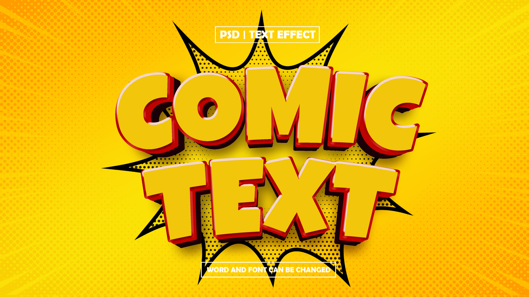 Comic text effect, on yellow background Blast Text Style psd