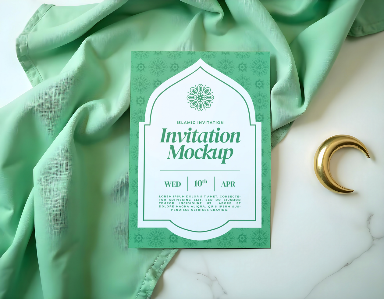 Islamic invitation mockup with green fabric decoration psd