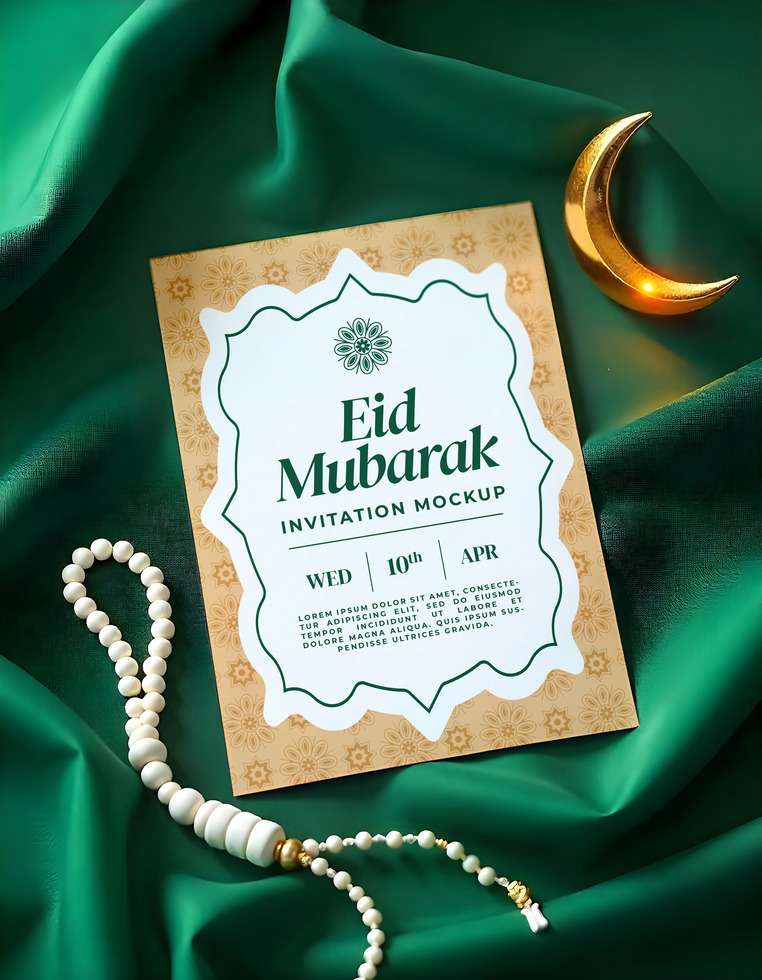 Eid invitation mockup with green fabric decoration psd