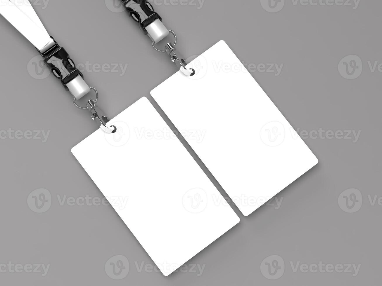 Pair of white blank ID Cards Lying Flat Lay by Side Mockup 3D Render photo