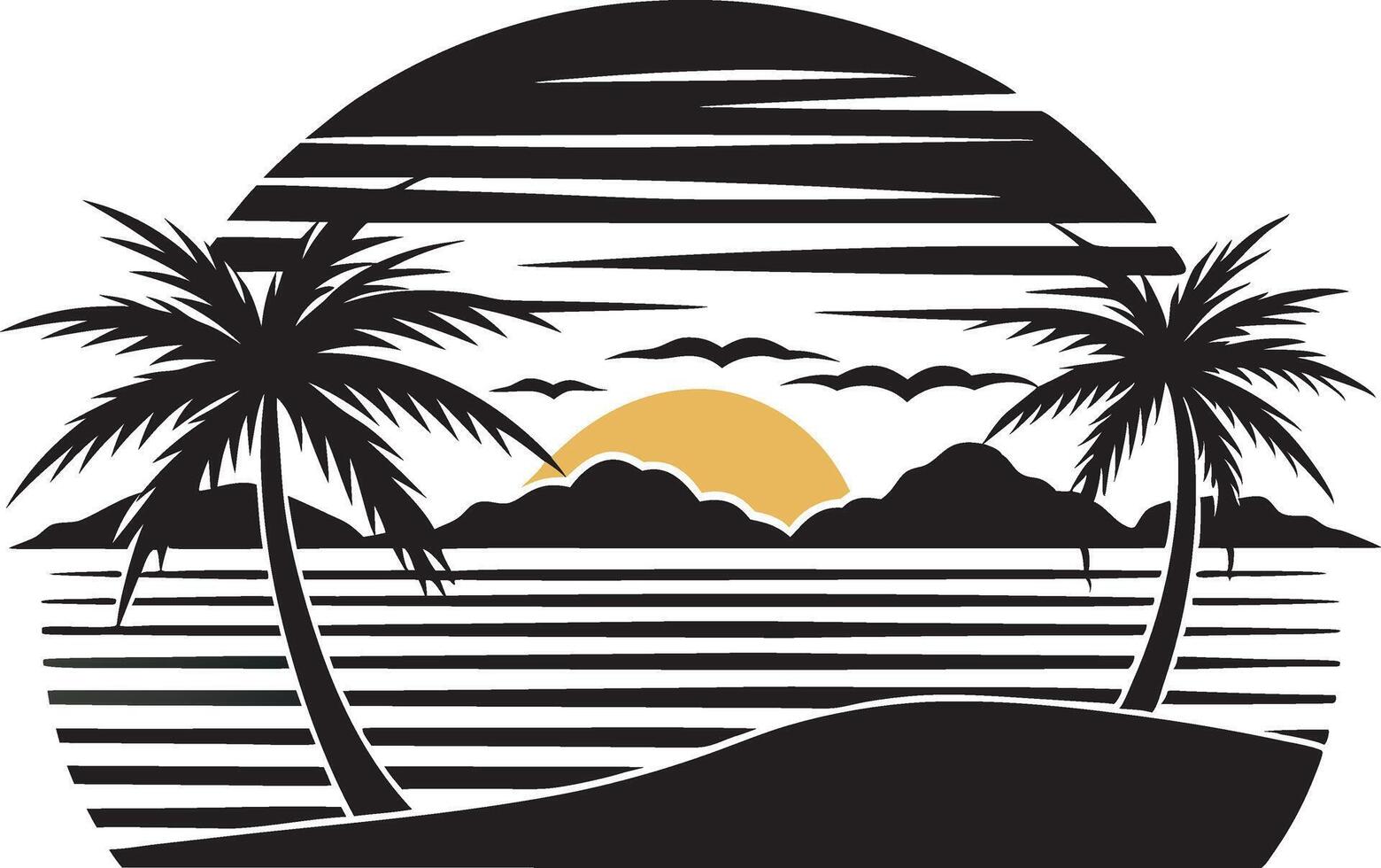 Paradise Island Sunset with Palm Trees and Ocean Scene vector