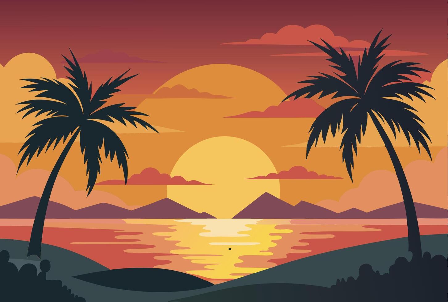 Serene Sunset Beach Scene with Palm Trees vector