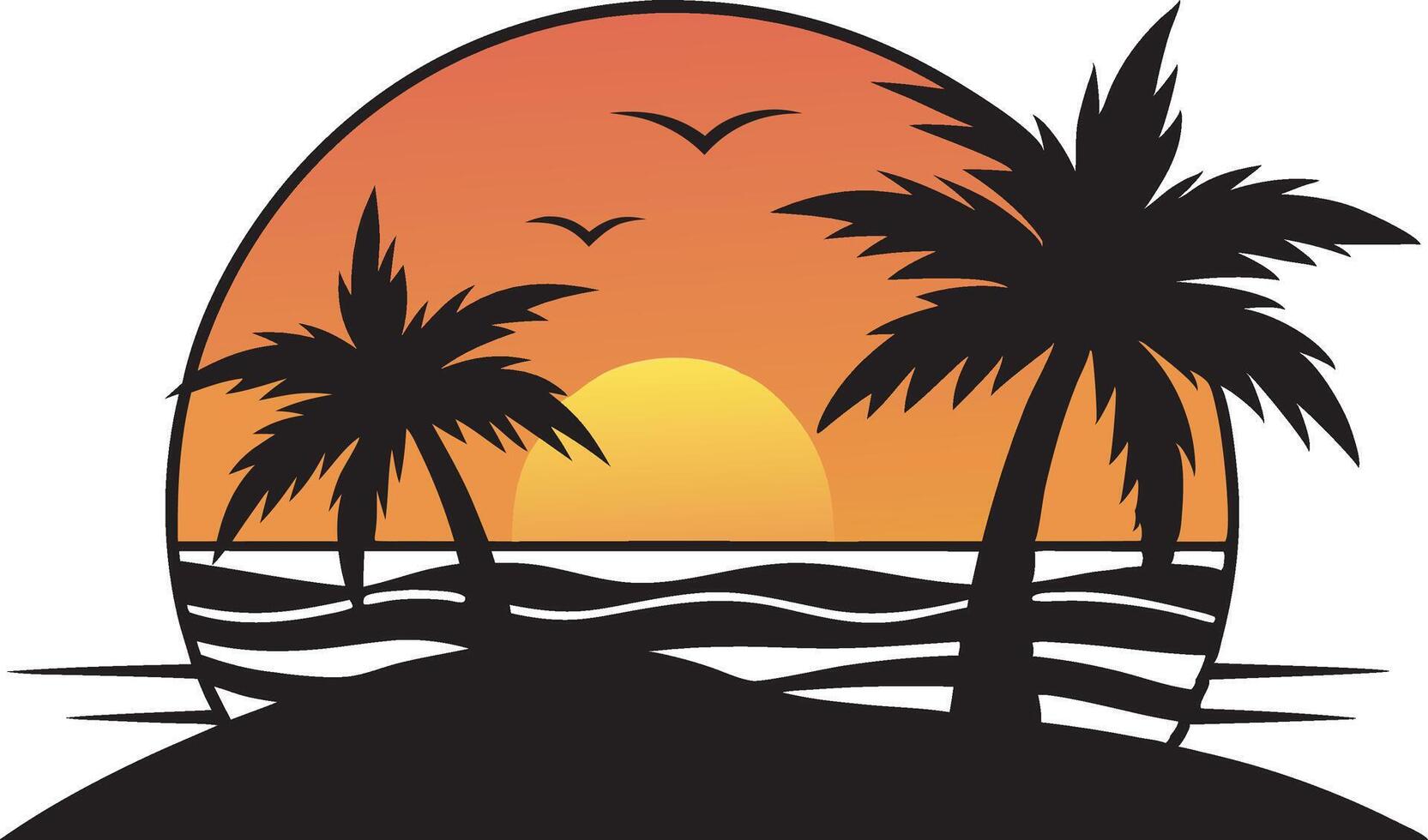 Tropical Paradise Sunset with Palm Trees and Sea Waves vector