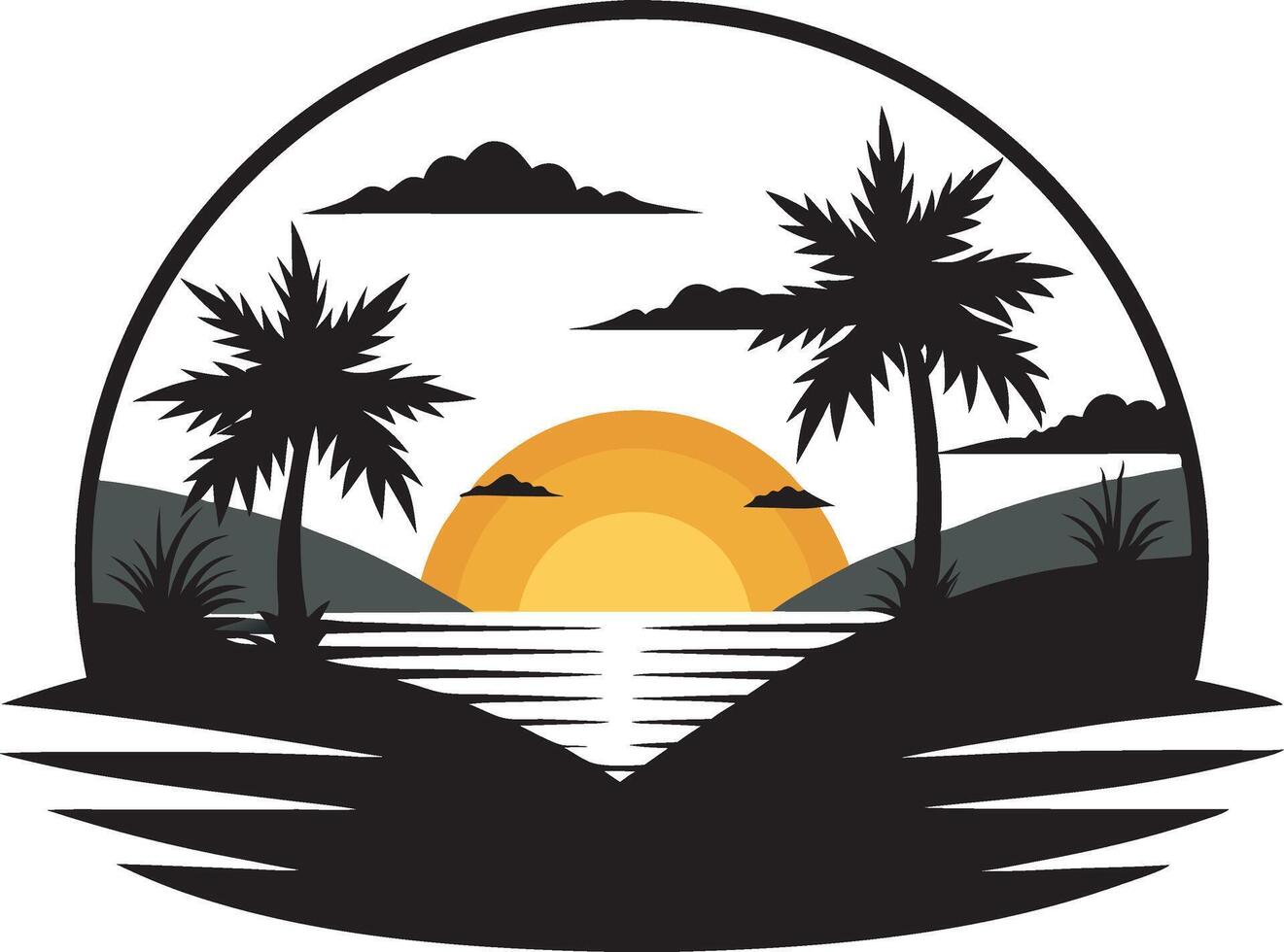 Golden Hour Beach Scene with Ocean and Palm Trees vector