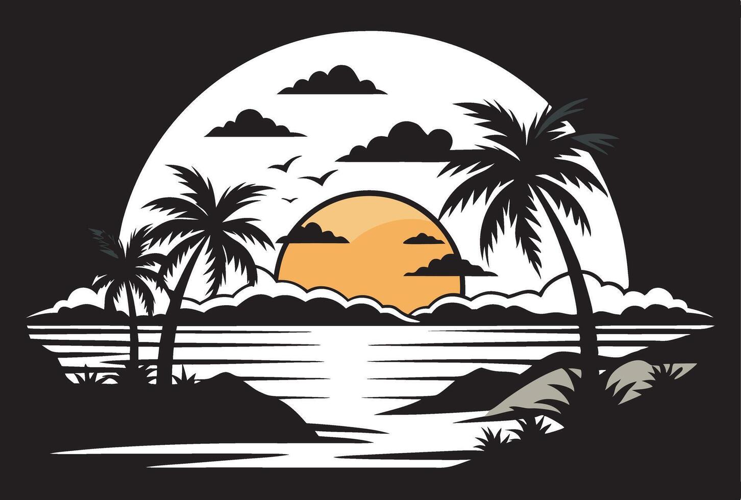 Relaxing Beach Sunset Silhouette with Ocean and Palms vector