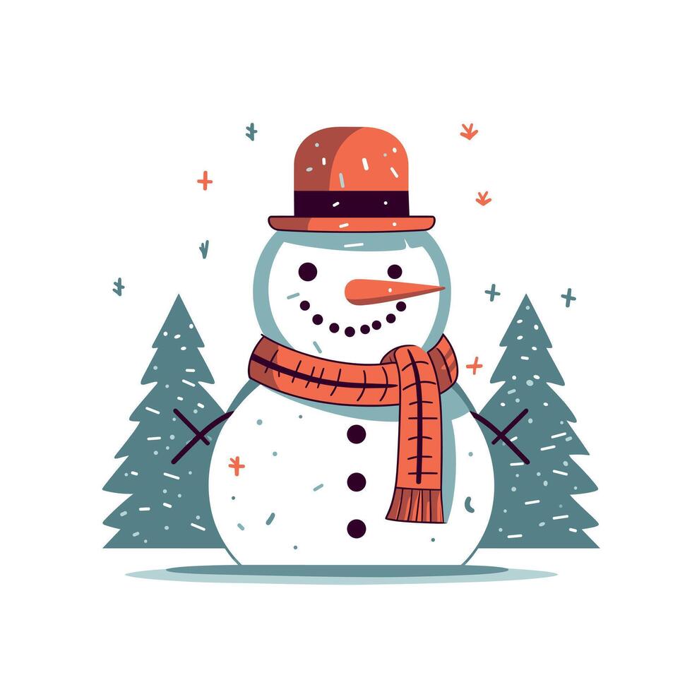 Snowman in winter forest with festive elements vector