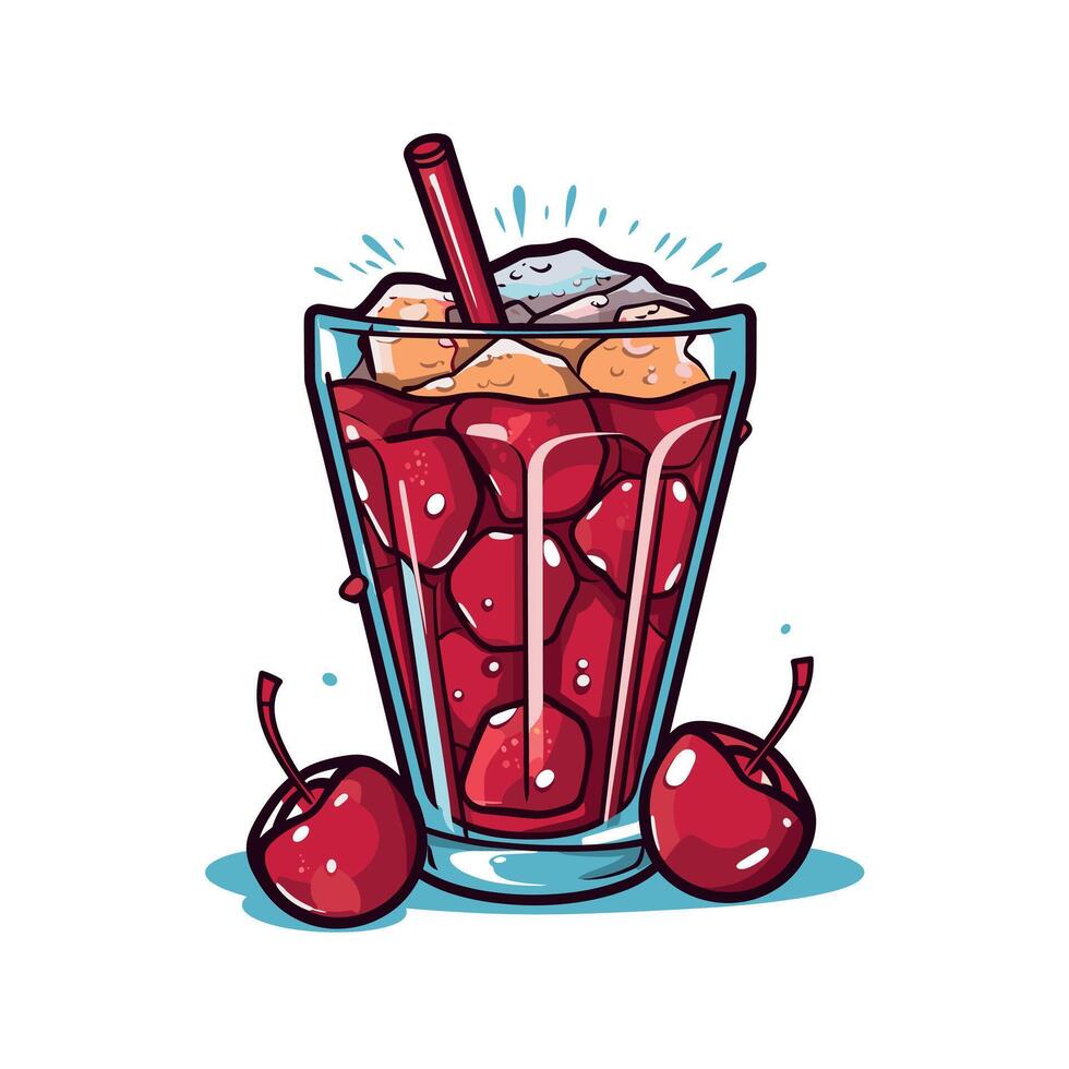 Refreshing cherry drink with ice and straw vector