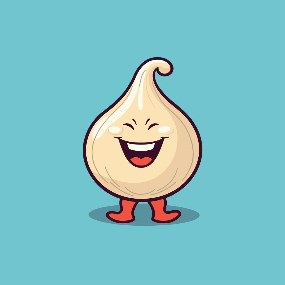 Happy cartoon garlic character dancing on a blue background vector