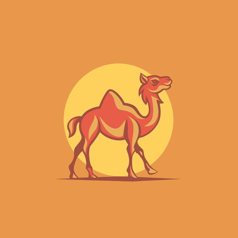 Camel walking under a warm sunset on desert sands vector