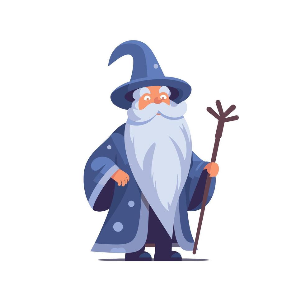 Cartoon wizard character with staff and hat vector