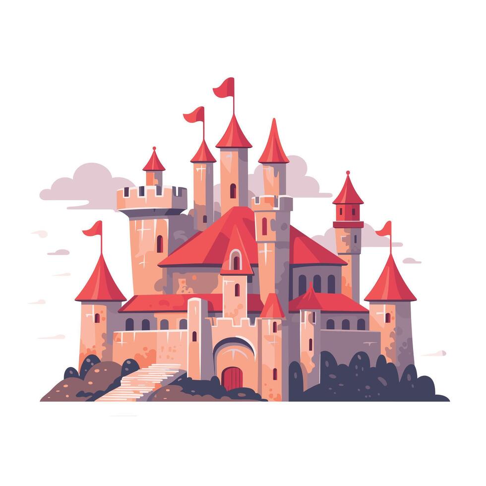 Intricate castle with red flags and towers vector