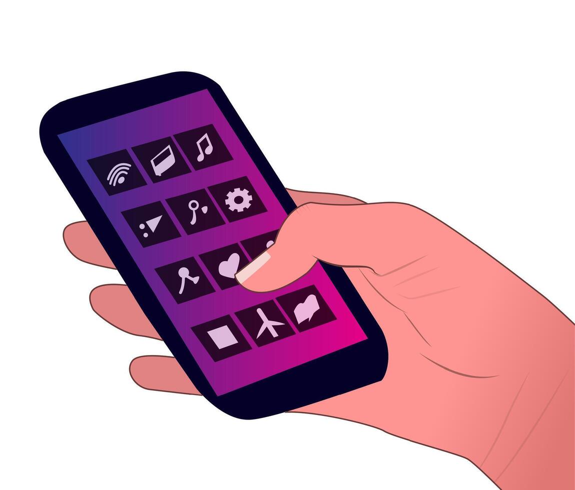 modern illustration of hand playing with cellphone, showing icons on cellphone vector