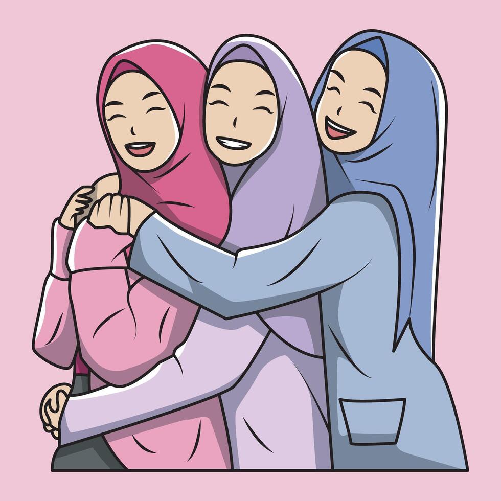 illustration of the friendship of three happy Muslim hijab women vector
