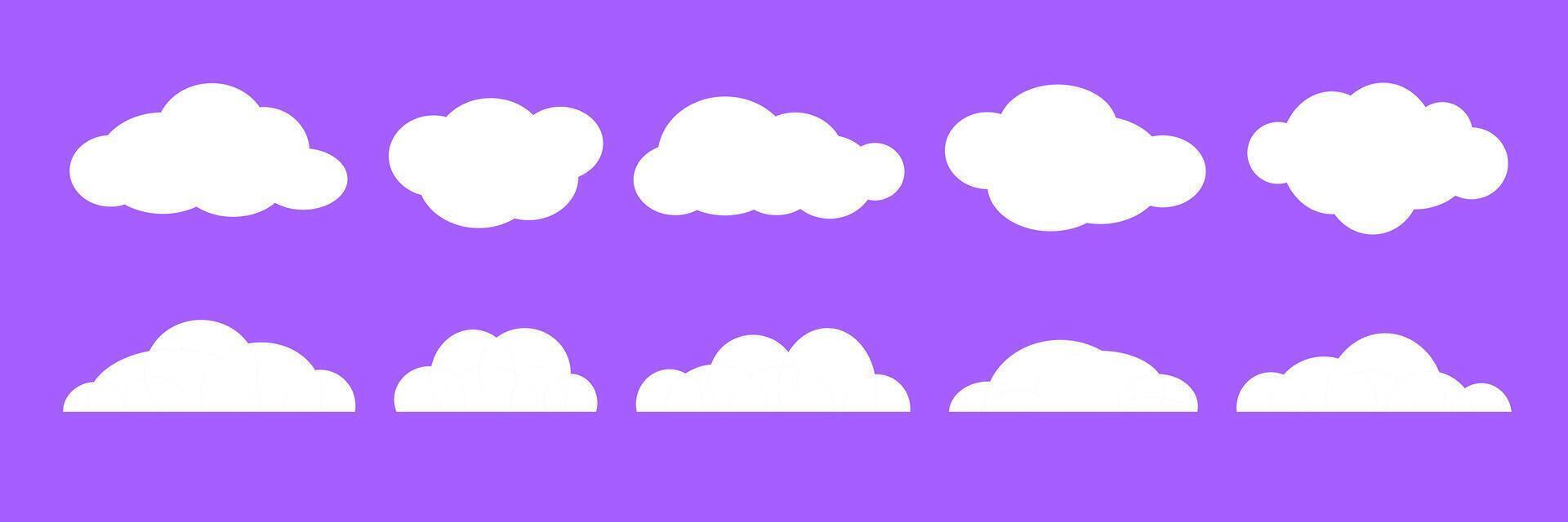 Empty cartoon cloud collection on purple background. Comic cloud shapes set for icon, poster, banner, label, badge, tag, logo, decoration. White blank speech bubble pack. Text box claud bundle. vector