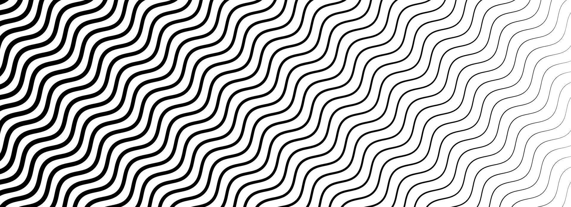 Black curved stripe texture gradient. Wave line pattern wallpaper. Fading wavy linear halftone gradation. Thin to thick zigzag strike background for overlay, print, cover, graphic design. vector