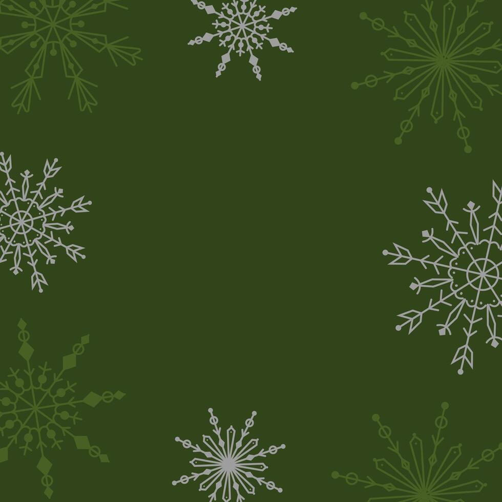 winter background with silver snowflakes. New Year and Christmas greeting card in green. vector