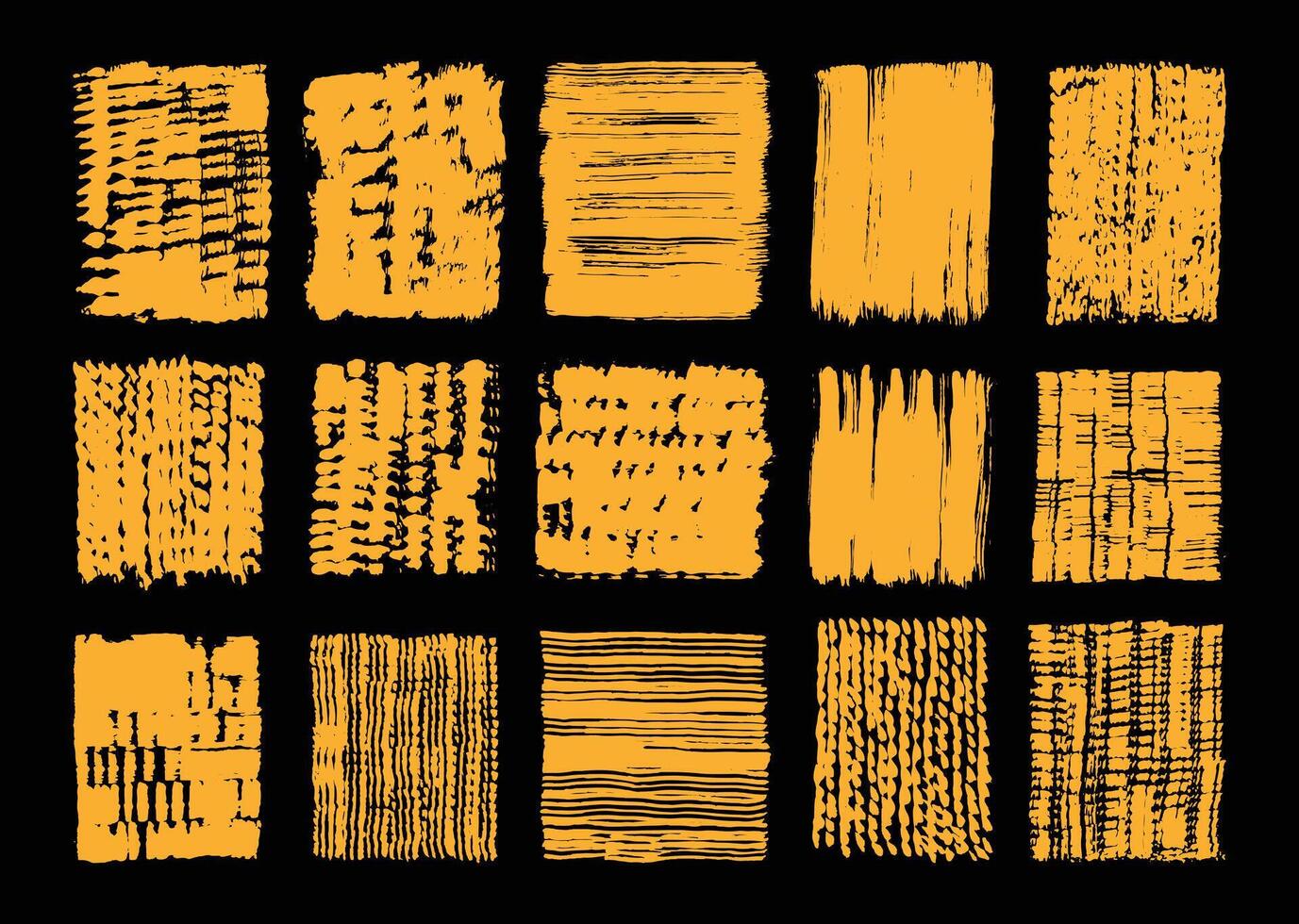Grunge paint texture overlay set. Abstract painting graphic element. Orange brush strokes template bundle. vector