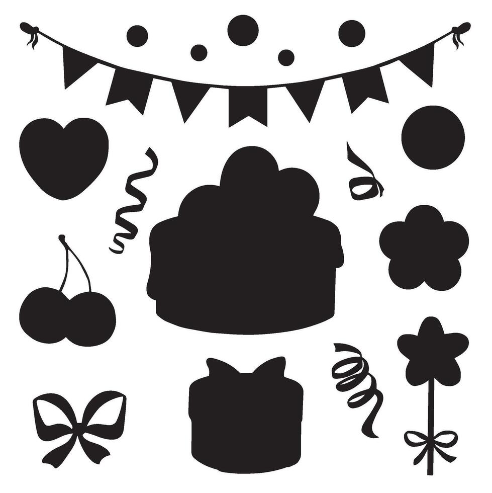 Valentines Day set with cake. Flags garland, heart shape and flowers. Gift box with bow. graphic illustrations isoated. Silhouette icon romantic collection. Clipart for card, print, packaging. vector