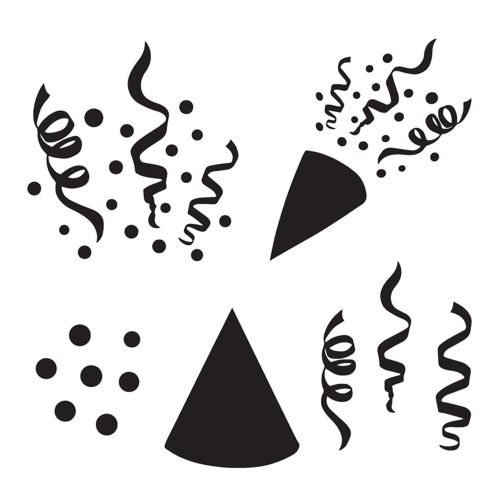 Party hat and popper with streamers and confetti. Firecracker and serpentine. Festive set of sihouette icon. graphic illustration isoated. Birthday collection. Clipart for card, print, textile. vector