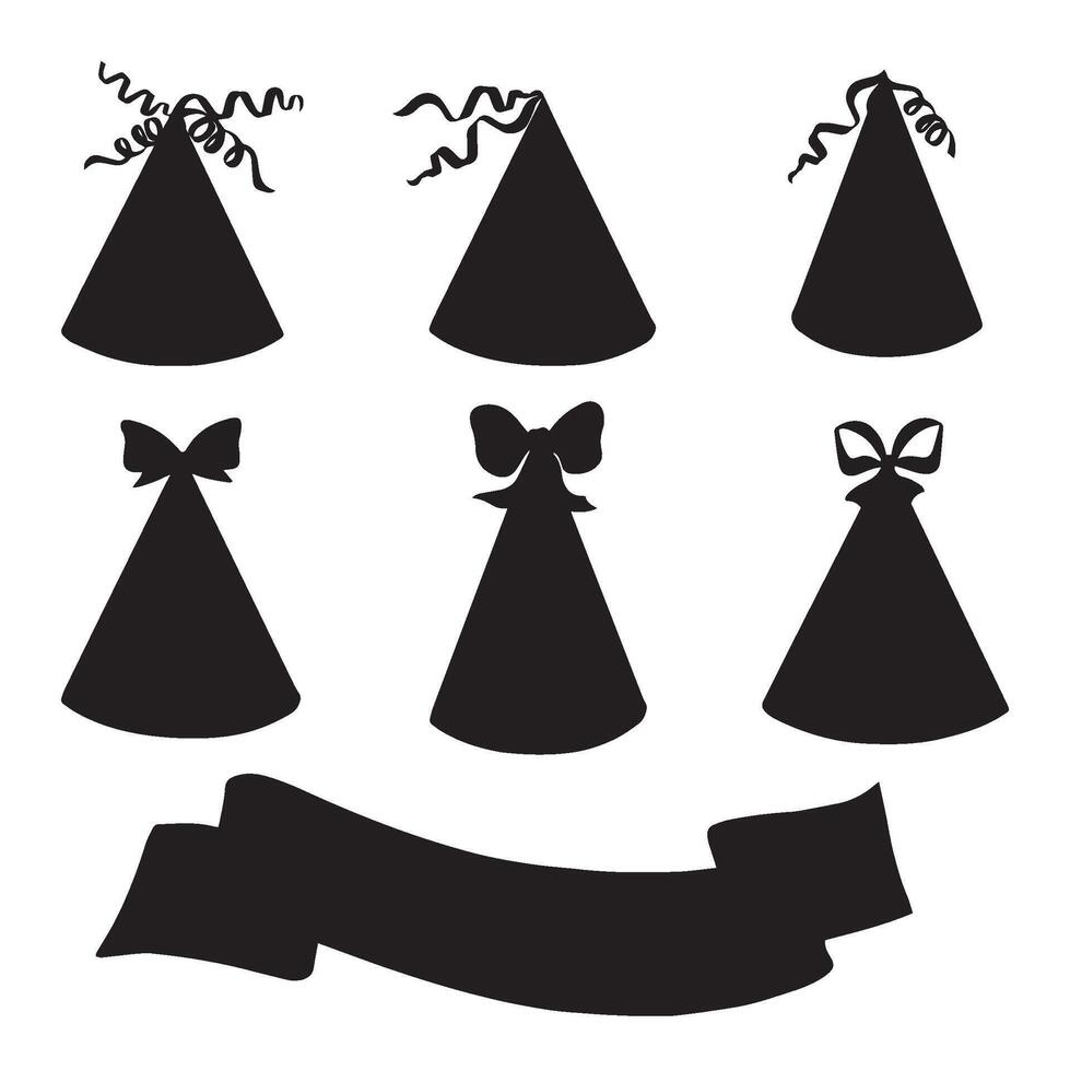 Party hats with bows and streamers, ribbon banner. graphic illustration isoated. Holiday kids decorations. Festive set of sihouette icon. Birthday collection. Clipart for, card, print, textile. vector