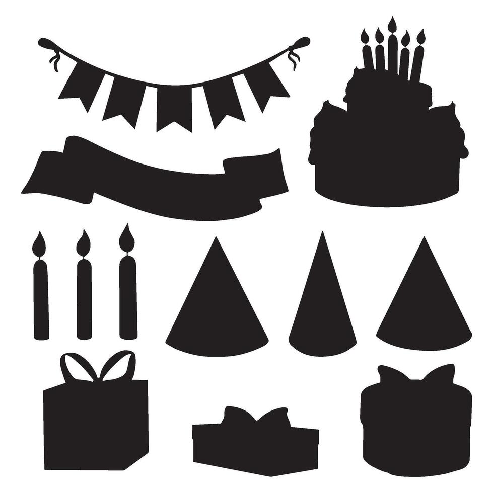 Cake, gift boxes and party hats. Candles and ribbon banner, flags garland. graphic illustration isoated. Festive set of sihouette icon. Birthday collection. Clipart for, card, print, textile. vector