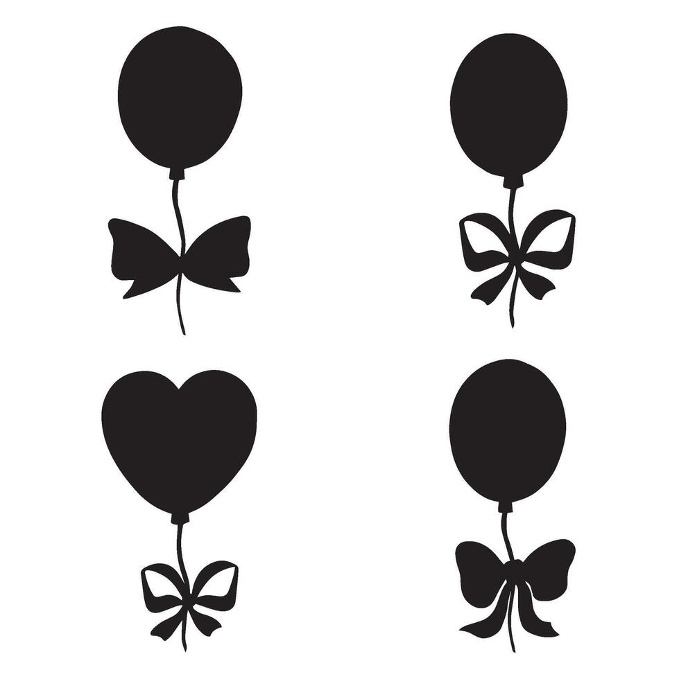 Helium balloons with bows and ribbons. Festive set of sihouette icons. graphic illustration isoated. Happy Birthday collection of holiday backrounds. Clipart for postcard, wrapping, textile. vector
