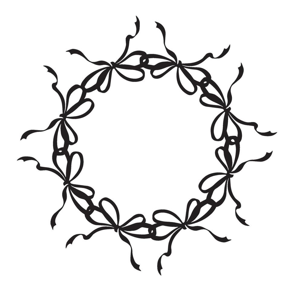 Wreath from silk ribbon bows. graphic illustration isoated. Round frame of tapes. Border for holiday decoration. Romantic icon silhouette. Clipart for invitation, postcard, Christmas, wedding. vector