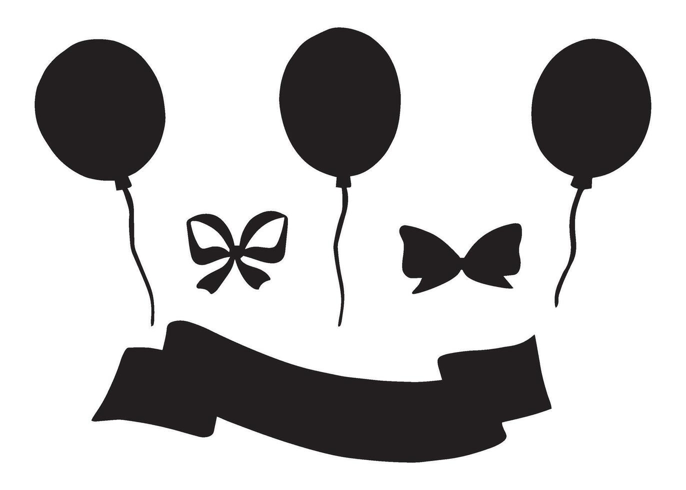 Helium balloons with bows and ribbon banner. Festive set of sihouette icons. graphic illustration isoated. Happy Birthday collection of holiday backrounds. Clipart for card, wrapping, textile. vector