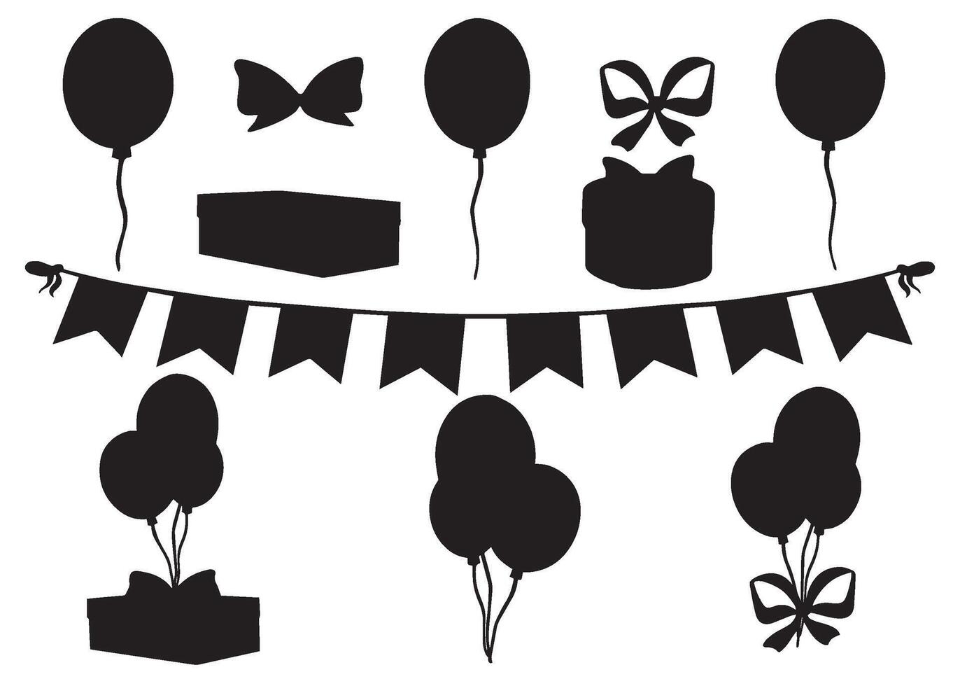 Helium balloons with gift boxes, bow and flag garland. Festive set of sihouette icon. graphic illustration isoated. Happy Birthday collection of holiday. Clipart for postcard, wrapping, textile vector