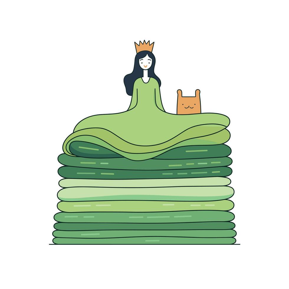 Queen on a stack of green blankets with a cat vector