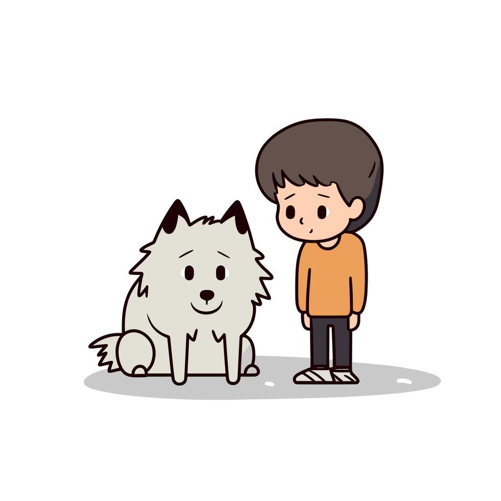 Child interacts with friendly white dog vector