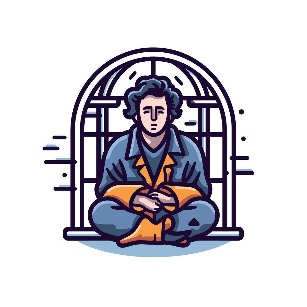 Man seated in prison cell reflecting quietly vector