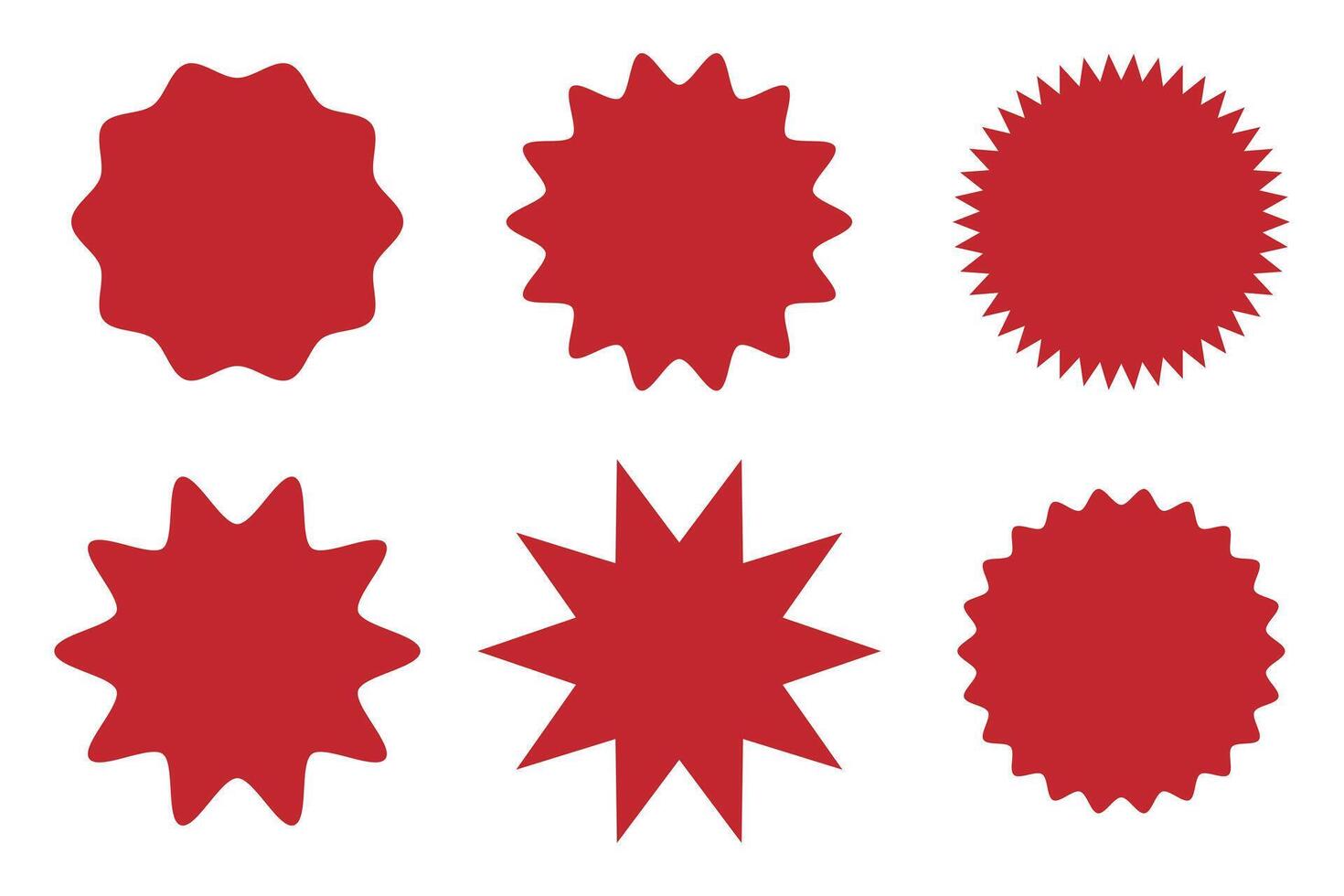 Zigzag edge sunburst. Wavy edge oval shapes icon set. Zigzag circle collection in red colour. Sale sticker illustration. vector
